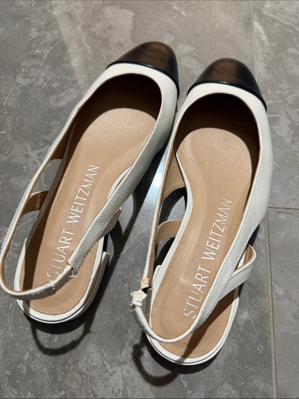 Stuart Weitzman Two-Tone White Slingback Flats with Black Cap Toe